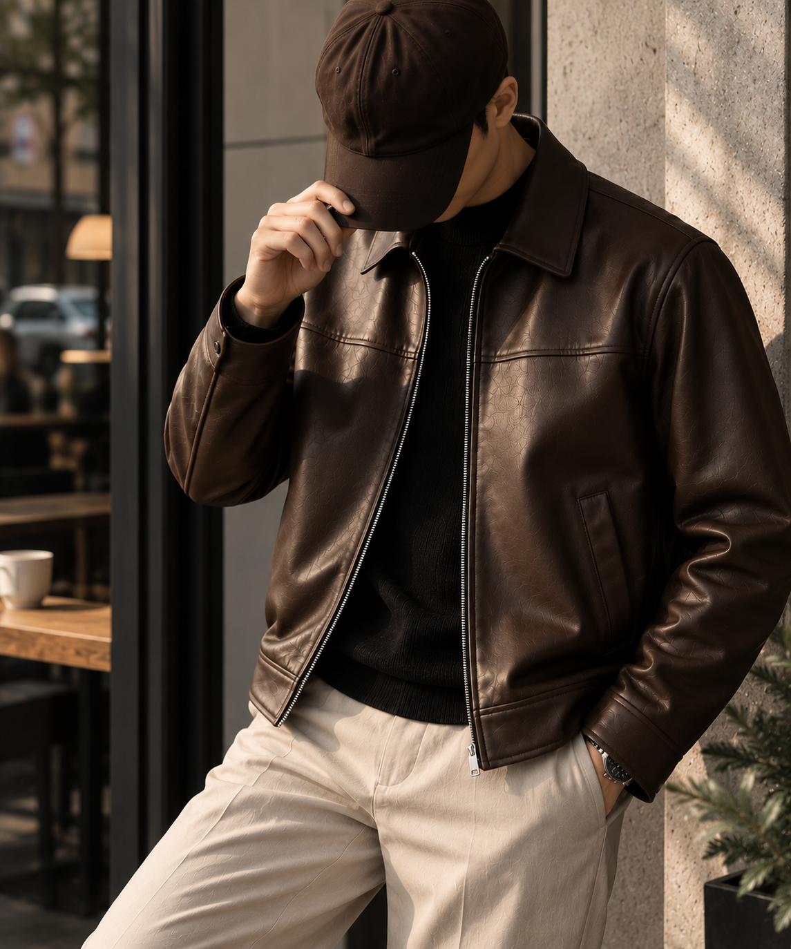 camor leather jecket and chocolate